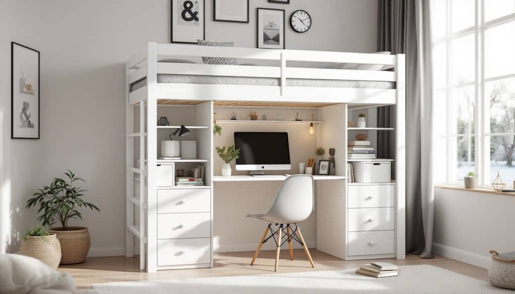lit mezzanine blanc avec bureau intégré, design moderne et fonctionnalités gain de place pour optimiser votre espace.